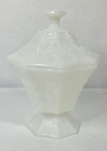 Vintage White Milk Glass Lidded Pedestal Candy Dish Textured Geometric Design