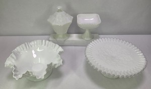 White Milk Glass Serving Pieces  Hobnail, Ruffled Bowl, Pedestal Dish & Covered Compote