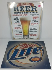 Lot of 2 Beer Advertising Metal Signs Miller Lite & How to Order a Beer Around the World