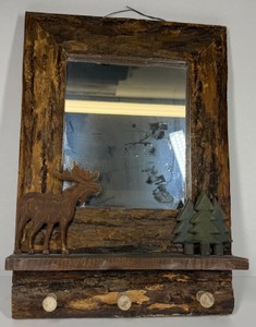 Rustic Lodge Moose & Pine Tree Bark Wood Wall Mirror with Peg Hooks