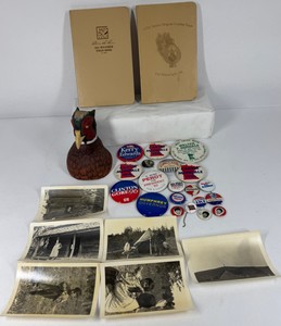 Lot of Vintage Political Campaign Buttons, Military Books, Photos & Pheasant Figurine