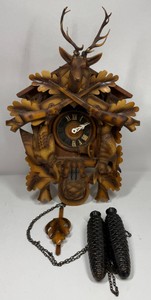 Vintage German Black Forest Hunting Cuckoo Clock  Stag, Rifles, Game Birds & Pinecone Weights
