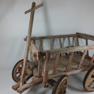 Vintage Primitive Wooden Childs Wagon Cart with Spoke Wheels & Pull Handle
