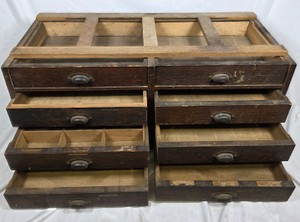 Vintage Wooden 8-Drawer Machinist Tool Parts Cabinet with Glass Top