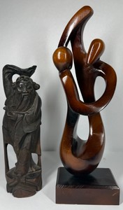 Carved Wood Figurines Asian Sage &amp Abstract Family Sculpture
