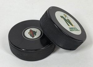 2 Official NHL Hockey Pucks  Minnesota North Stars & Minnesota Wild InGlasCo