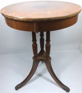 Vintage Duncan Phyfe Style Round Pedestal Side Table  Tripod Saber Legs with Brass Paw Feet