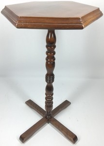 Vintage Made in Jamaica Turned Wood Pedestal Accent Table  Octagonal Top & Cross Base