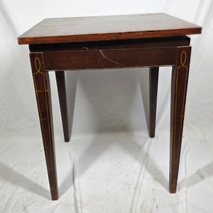 Vintage Dark Wood Side Table with Gold Pinstripe Inlay  Tapered Legs