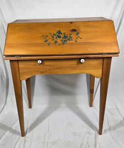 Vintage Granny Core Pine Drop-Front Writing Desk with Floral Stencil & Porcelain Knobs