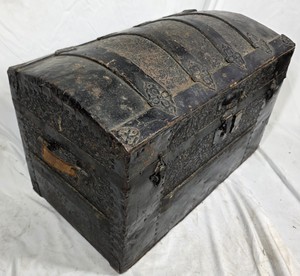 Antique Embossed Metal Dome-Top Steamer Trunk with Leather Handles & Decorative Interior Lining