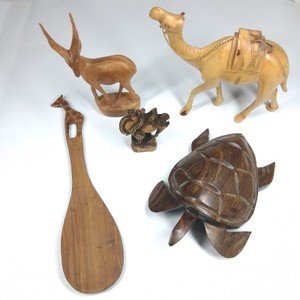 Hand-Carved Wood Animal Figures & Decorative Paddle  Camel, Antelope, Turtle & Horse