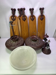 2 Ceiling Fans with Woodgrain Blades, Light Kits & Glass Shade