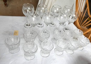 Set of 11 Vintage Grape pattern dessert cups and 8 holiday wine goblets