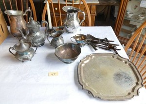 Group of Silverplate pitchers, teapot, cream sugar etc
