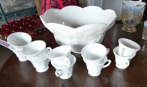 Beautiful White Milk Glass punch bowl and 10 cups