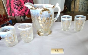 Gorgeous Antique Pitcher and glasses - clear to white with gold