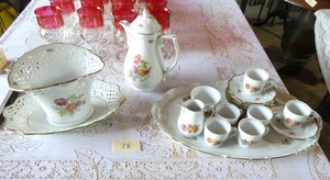 Very pretty and colorful German lattice work tea set, platter, flower vase