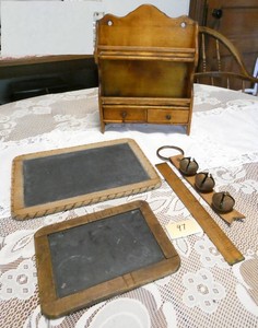 Very neat antique kids chalk boards, ruler, spice rack and bells