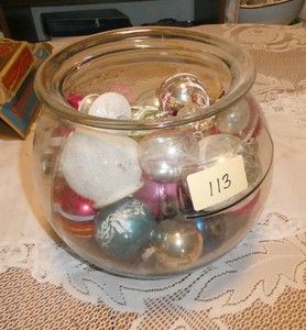 National Biscuit Company bowl full of vintage christmas ornaments