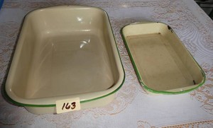 Two tangreen enamelware baking pans