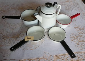 5 small enamelware pots and a coffee pot