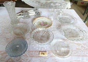 Group of glassware, stemware, vegetable trays, silverware holders etc