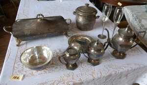 Silverplate casserole, ice bucket, teapot, creamer and sugar, plates and bowl