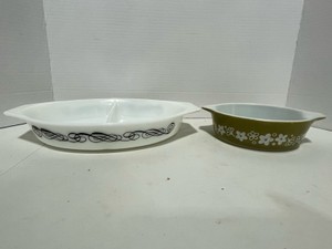 Vintage Black Scroll Divided Pyrex Casserole and Small Pyrex Crazy Dazy Casserole