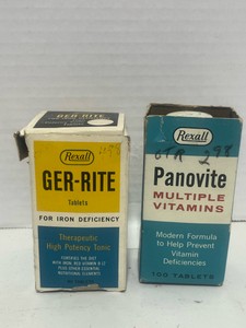 Vintage Rexall Vitamins Bottles are Full. (Not for consumption)