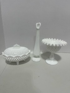3 Fenton Hobnail Pieces  Pedestal Candy Dish, Bud Vase and Covered Footed  Candy Dish