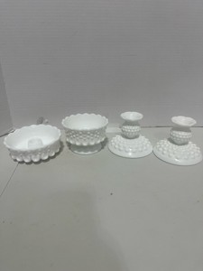 4 Fenton Hobnail Pieces No 3670 Low Candle Holder, Footed Candle Bowl and Two Candle Holders