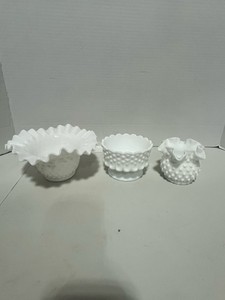 Three Fenton Hobnail Pieces Small Ruffled Bowl, Nut Bowl and Ruffled Double Crimped Vase