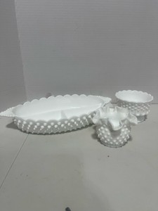 Three Fenton Hobail Pieces Divided Oval Dish, Small Ruffled Vase and Candle Stand