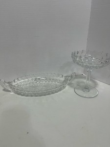 Fostoria High Footed Candy dish and Oval Handled Serving Dish
