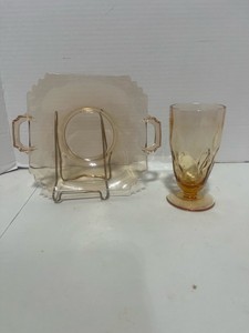 Amber Depression Glass Square Dish and Footed Glass