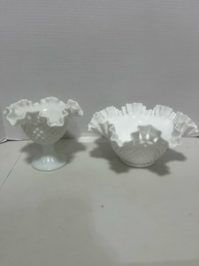 Fenton Ruffled Edge Pedestal Candy Dish and Large Ruffled Bowl