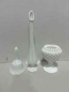 Fenton Hobnail Ivy Ball Crimped Ribbon Vase, Bud Vase and Bell