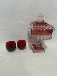 Vintage Westmoreland Red Flashed Candy Dish and Two Ruby Red Tumblers