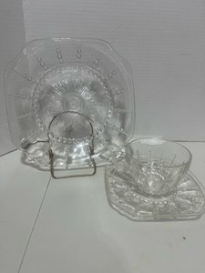 Vintage Federal Glass Columbia Pattern Square Plate, Cup and Saucer