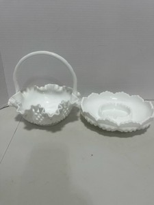 Fenton Hobnail Handled Basket and Candle Bowl