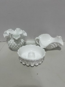 Fenton Ruffled Vase, Candle Holder and Handled Ruffled Dish
