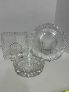Miss America Diamond Platter, Divided Serving Dish and Fostoria Baroque Three Toed Bon Bon Dish