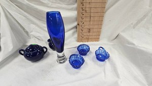 Cobalt Blue Ceramic SugarCreamer, 3 Blue Pressed Glass Mini Basket,Orkide Bud Vase