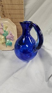 Cobalt Glass Pitcher, Santin Glass Hand Painted Pitcher, Blue Handle glass basket(Repaired Crack)