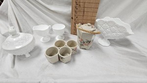 Vintage Pier One Tea Set, Westmoreland Milk Glass Fan Vase, Sugar Creamer, and Candy Dish