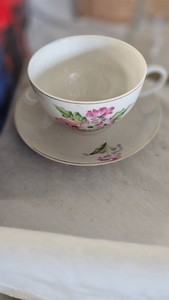 Vintage Floral Teacup and Saucers and 3 Clear Wide Mouth Vases