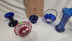 Westmoreland Ruby Stained Candy Dish and Cobalt Blue Dishes