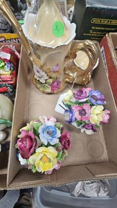 Bone China Floral Bouquet Figurine, Heritage Brown Rose  Porcelain Tea Pot and Cup and Sun Catchers