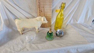 Breyer Charolois Bull 1960s, Egg Shaped Trinket Box, Green Glass Bell